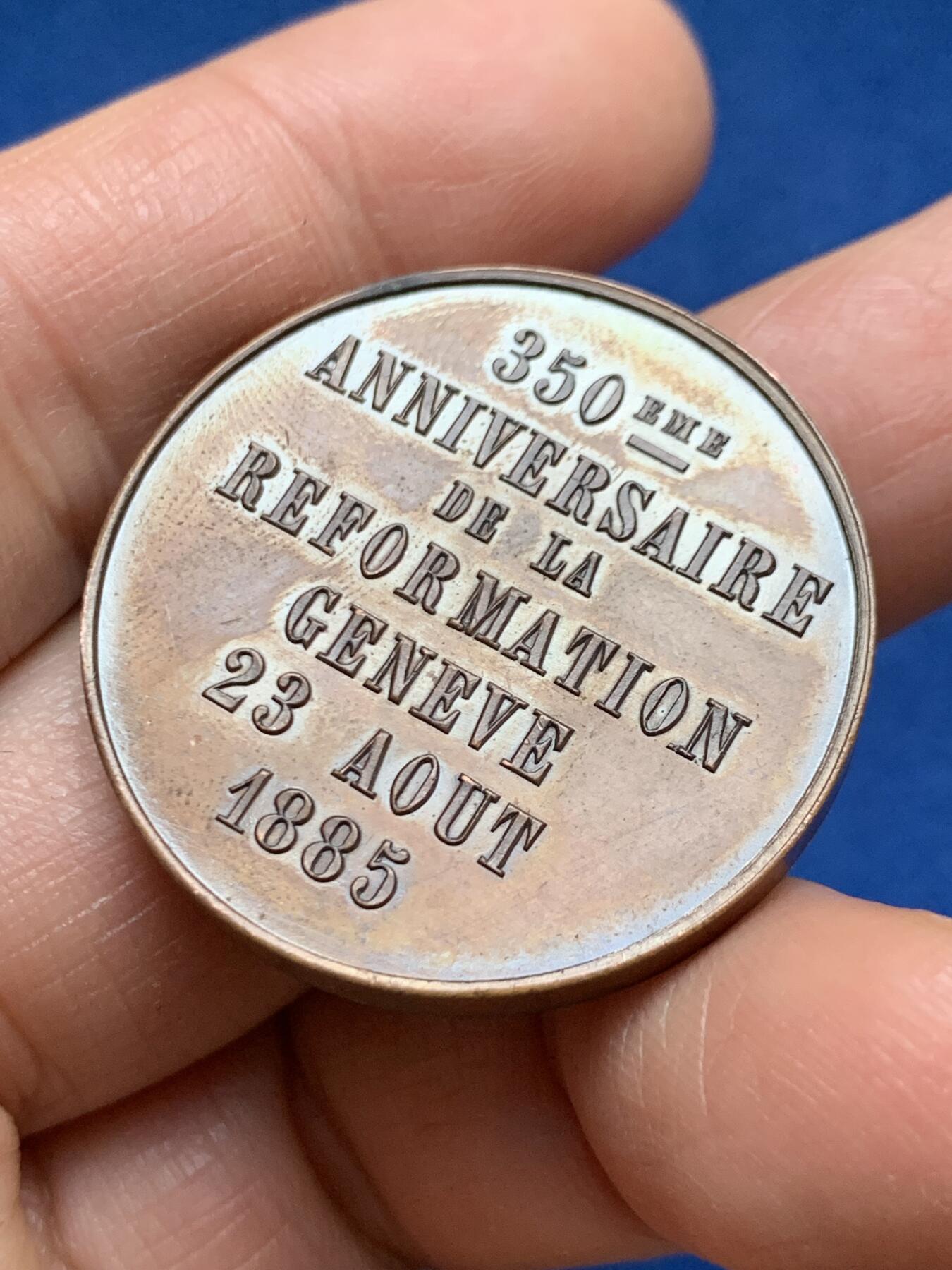 《竞宝斋》第461场 周日，周一，2场连拍 （全场包邮）欢迎送拍 日内瓦1885年宗教改革350周年纪念铜章 状态极好 20.6克 33.4mm