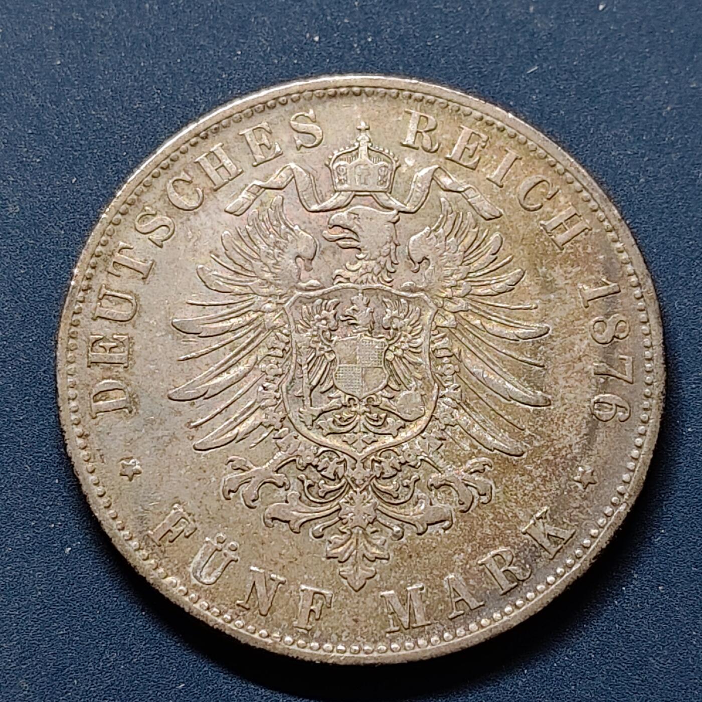 【全场包邮】纯粹捡漏拍499场-持续更新中 德国巴伐利亚1876年路德维希二世5马克银币【38毫米27.778克90%，纯银价约700元（按28元银价折算）】