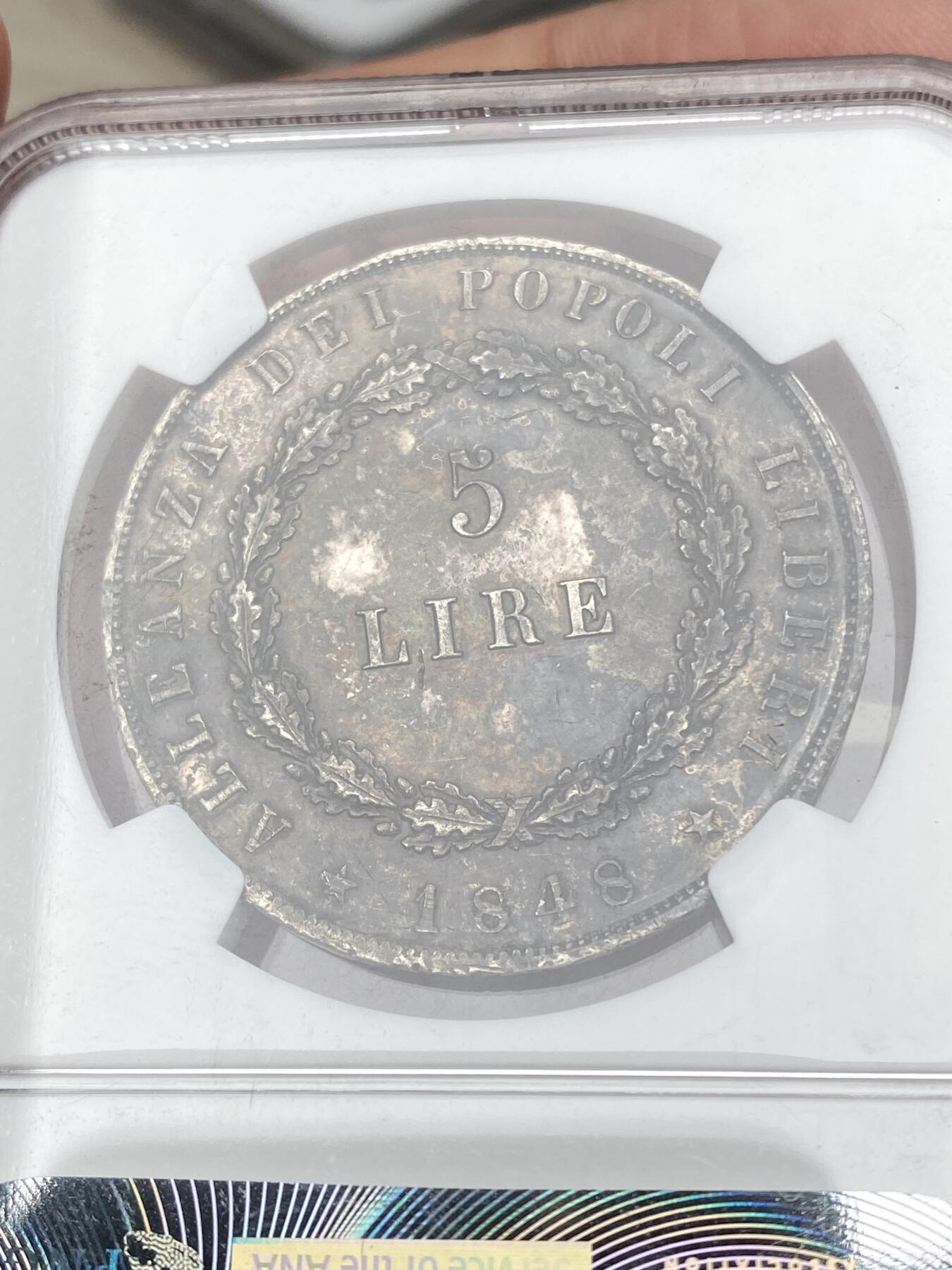 万国钱币拍卖第059期 NGC AU58 1848威尼斯临时政府飞狮5里拉银币 意大利名誉品种 单年发行6011枚 飞狮站立在石碑上的设计威武雄壮