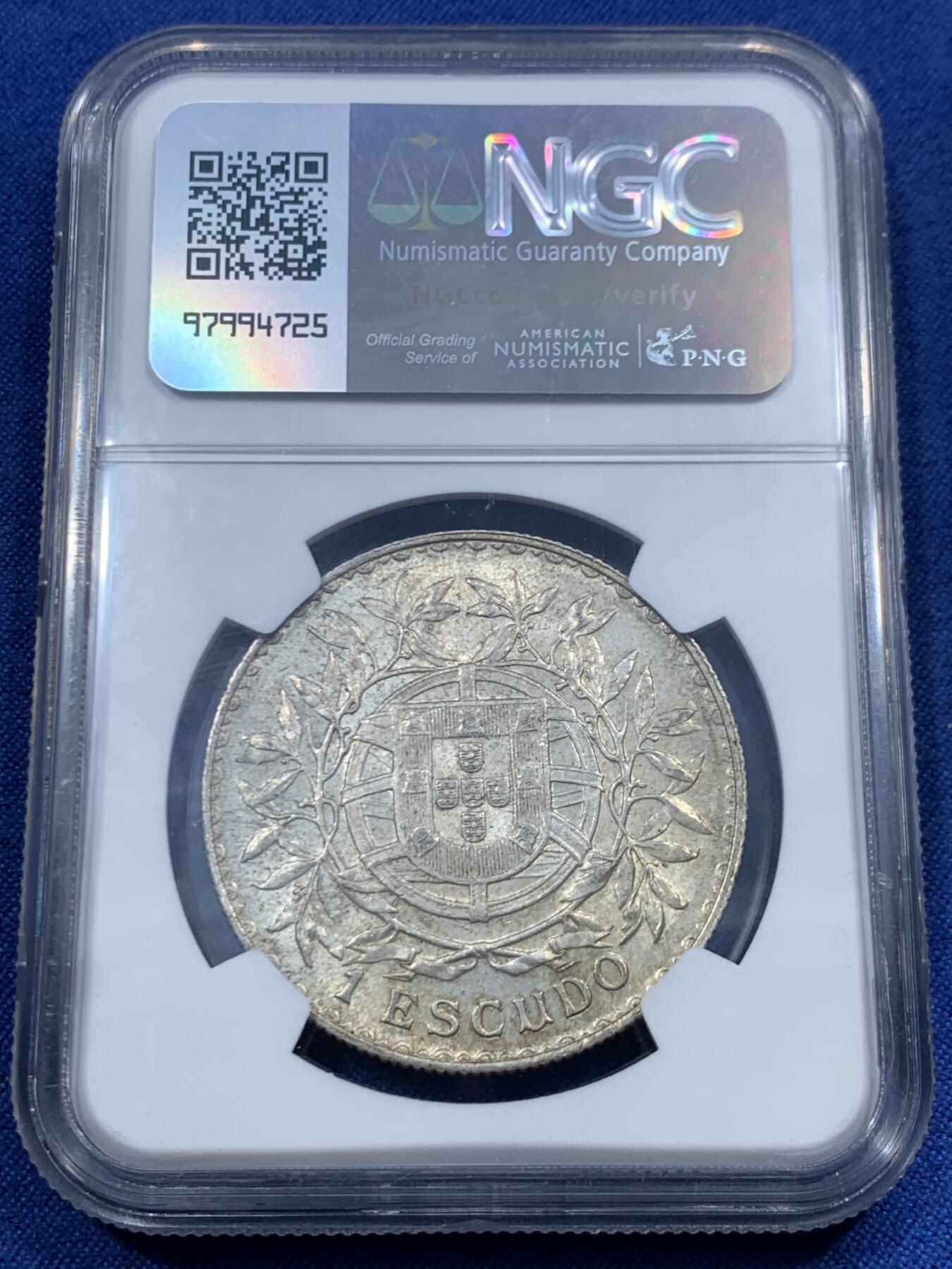 《竞宝斋》第461场 周日，周一，2场连拍 （全场包邮）欢迎送拍 NGC MS62 葡萄牙1915年女神1埃斯库多银币