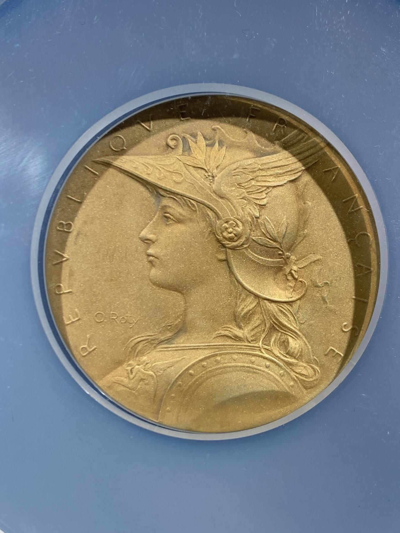 《竞宝斋》第461场 周日，周一，2场连拍 （全场包邮）欢迎送拍 NGC MS65 罗蒂作品 戎装玛丽安娜镀金银章 50mm 丰饶角边铭+argent 银标 战争动员 卫国练兵 主题银章