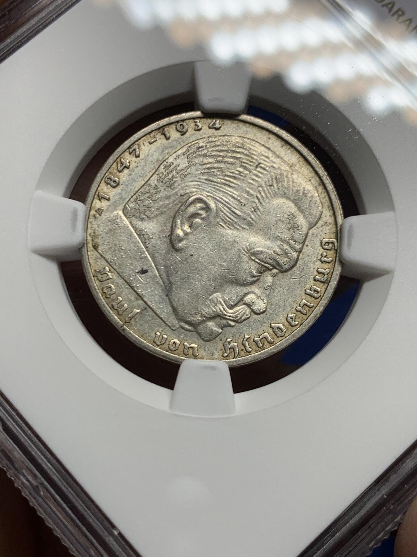 《竞宝斋》第461场 周日，周一，2场连拍 （全场包邮）欢迎送拍 NGC MS61 德国1939A兴登堡头像2马克银币，带符号，1939年是最后一年，比较少一点