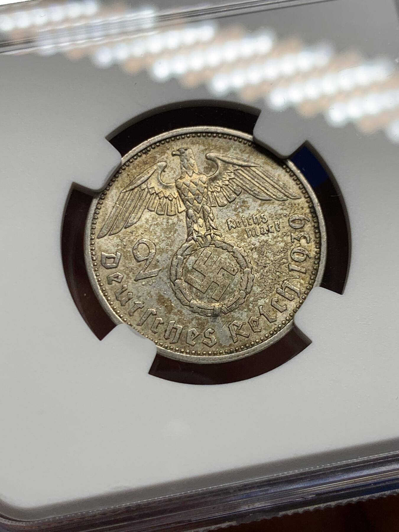 《竞宝斋》第461场 周日，周一，2场连拍 （全场包邮）欢迎送拍 NGC MS61 德国1939A兴登堡头像2马克银币，带符号，1939年是最后一年，比较少一点