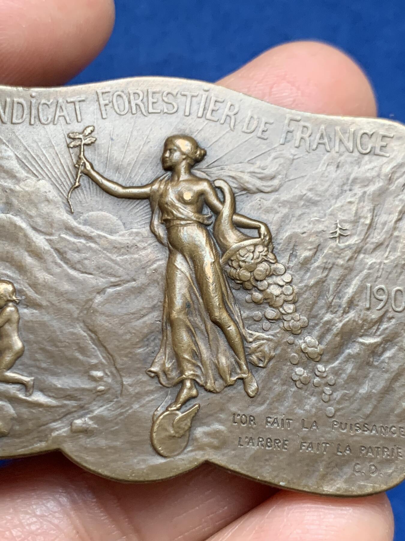 《竞宝斋》第461场 周日，周一，2场连拍 （全场包邮）欢迎送拍 法国1907林业联盟协会铜制异形奖章，首见款。正面：春之女神右手挽鲜花，左手播种树苗，脚踏风火轮，底部一个小天使在种植树苗。直径：53.6mm*40.8mm，重：38.2g，丰饶角铜标。