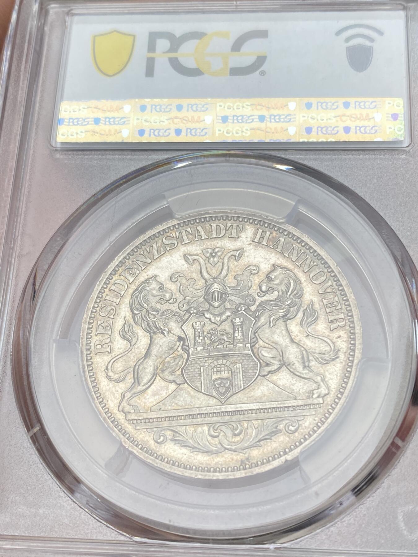 万国钱币拍卖第059期 PCGS MS63 1872汉诺威射击节女武神泰勒 发行量6317枚 高浮雕喷砂质感 原味香槟淡彩