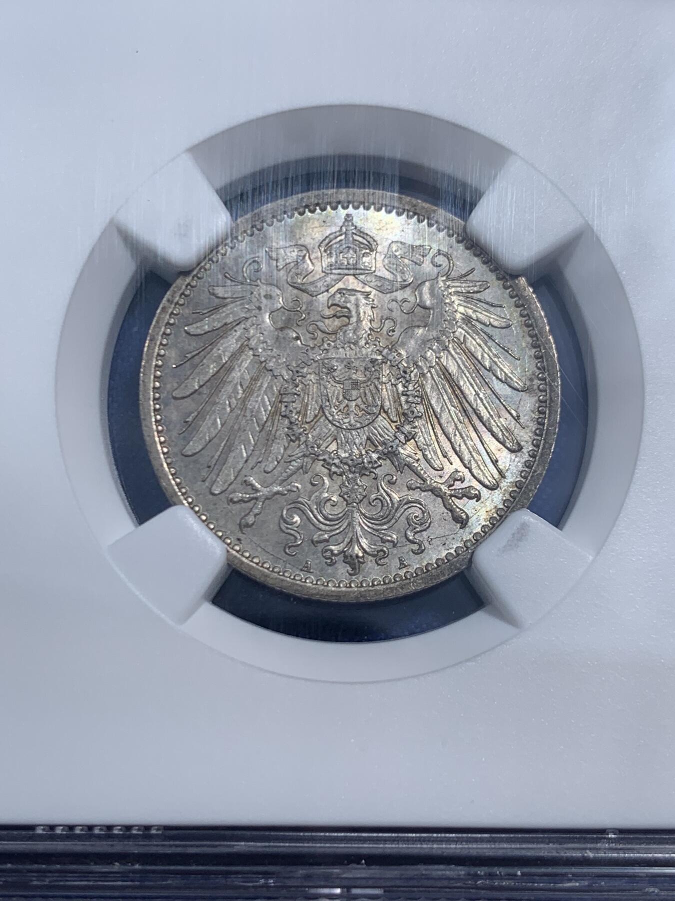 《竞宝斋》第461场 周日，周一，2场连拍 （全场包邮）欢迎送拍 NGC UNC 德国1914年1马克银币 双面原味带彩