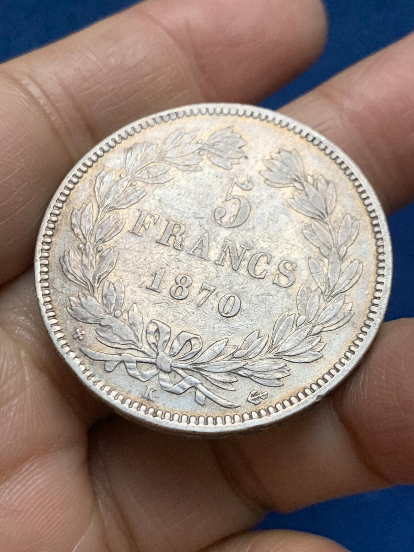 《竞宝斋》第461场 周日，周一，2场连拍 （全场包邮）欢迎送拍 法国1870年谷物女神5法郎银币 K厂波尔多厂 无箴言版