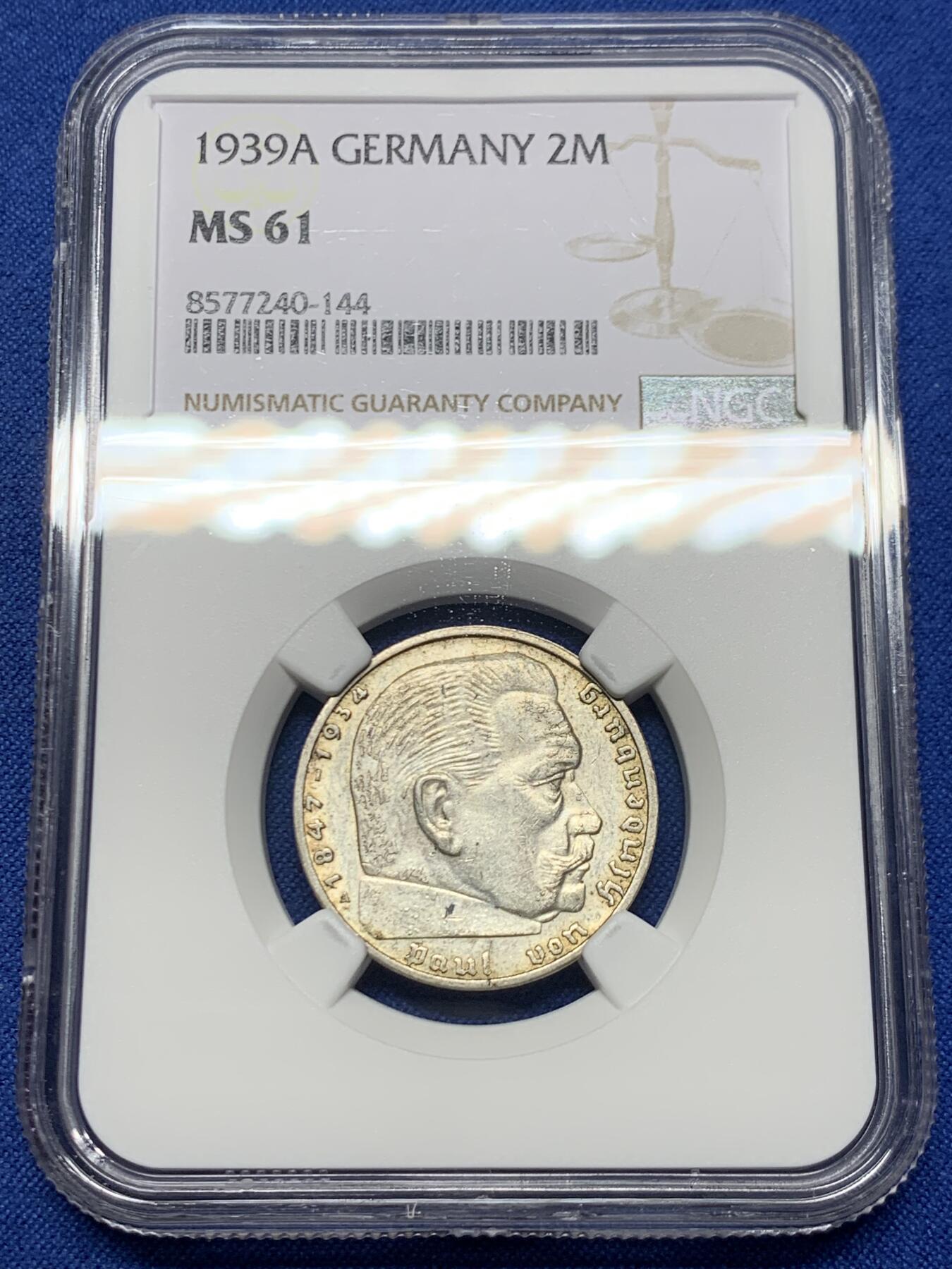 《竞宝斋》第461场 周日，周一，2场连拍 （全场包邮）欢迎送拍 NGC MS61 德国1939A兴登堡头像2马克银币，带符号，1939年是最后一年，比较少一点