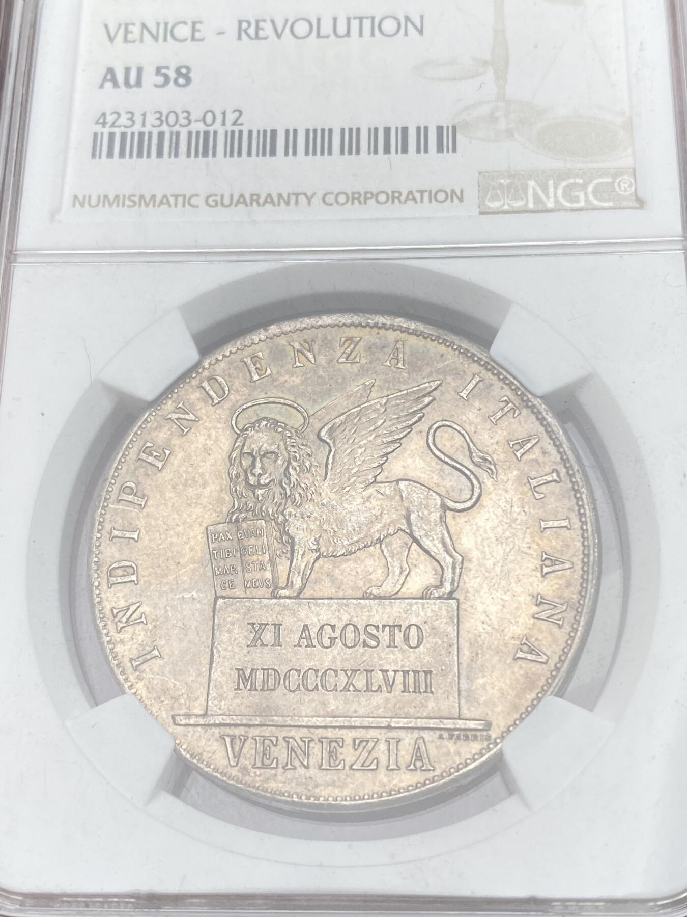 万国钱币拍卖第059期 NGC AU58 1848威尼斯临时政府飞狮5里拉银币 意大利名誉品种 单年发行6011枚 飞狮站立在石碑上的设计威武雄壮