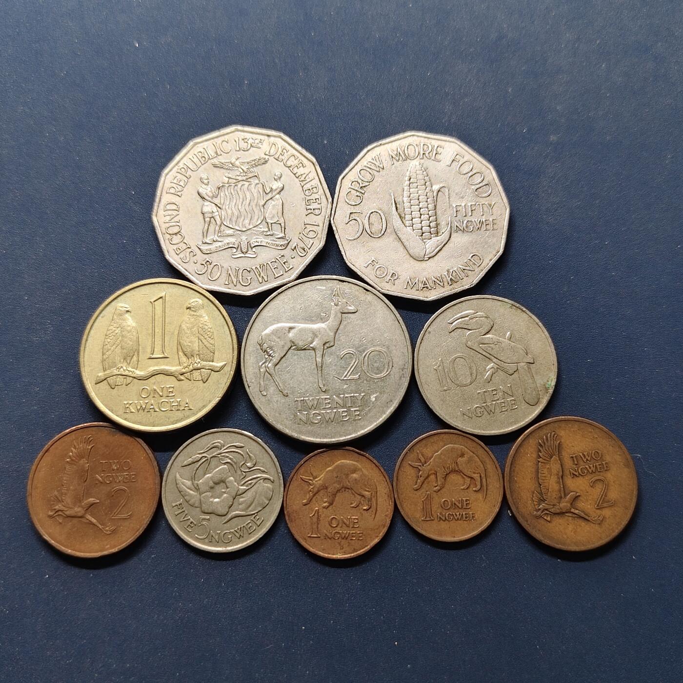 【全场包邮】纯粹捡漏拍498场-持续更新中 赞比亚1968-1989年10枚套币-含FAO纪念币+60年代青铜版1-2恩吉+80年代铜镀钢1-2恩吉不同版本