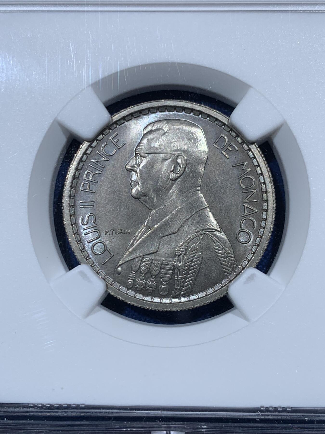 《竞宝斋》第461场 周日，周一，2场连拍 （全场包邮）欢迎送拍 NGC MS65 摩纳哥 1945年 10法郎 样币 值得入藏