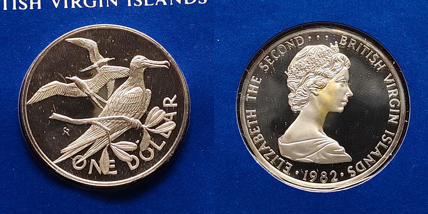 【全场包邮】纯粹捡漏拍499场-持续更新中 【稀少】英属维尔京群岛1982年官方封装精制套币-盒证全-量1865-含2枚银币【白尾热带鸟42毫米40.5克92.5%+军舰鸟38.61毫米25.7克92.5%，纯银价约1714元（按26元银价折算）】