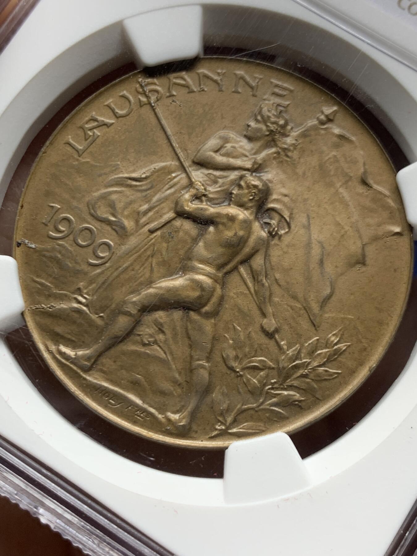 《竞宝斋》第461场 周日，周一，2场连拍 （全场包邮）欢迎送拍 NGC MS65BN 1909年 瑞士洛桑 城市景观铜章 超燃品相 高分好状态