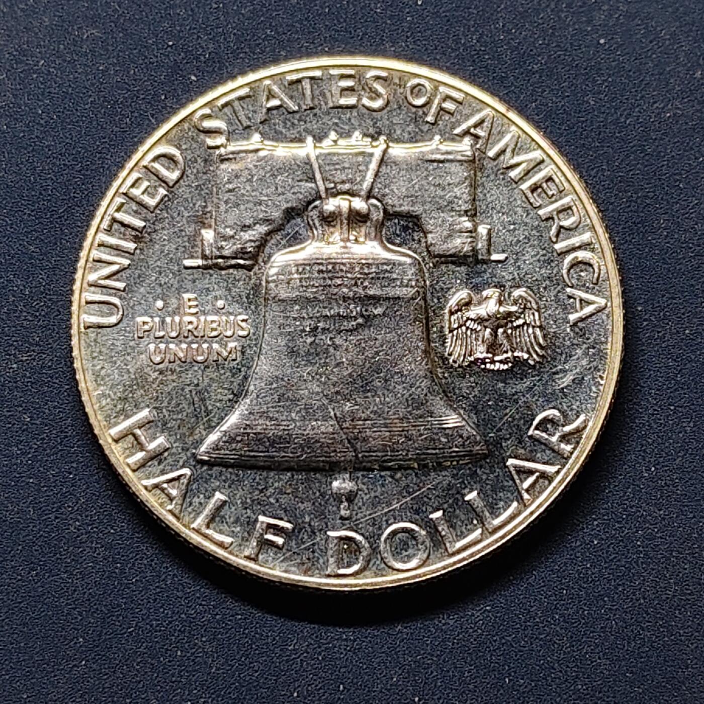 【全场包邮】纯粹捡漏拍499场-持续更新中 美国1958年富兰克林半元精制银币【31毫米12.5克90%，纯银价约316元（按28元银价折算）】