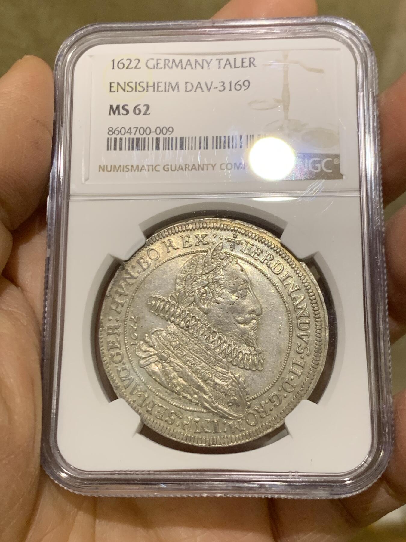 《竞宝斋》第461场 周日，周一，2场连拍 （全场包邮）欢迎送拍 冠军分 NGC MS62  奥地利帝国 1622年  上阿尔萨斯伯爵领地 费迪南二世 泰勒大银币 仅发行两年 非常稀有的版本