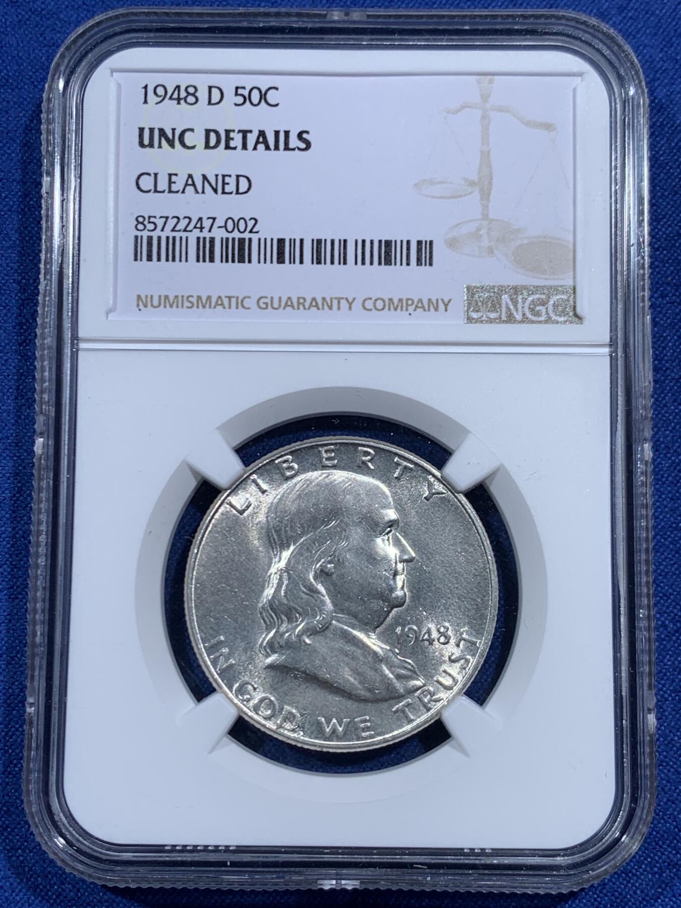 《竞宝斋》第461场 周日，周一，2场连拍 （全场包邮）欢迎送拍 NGC UNCD 美国1948D富兰克林50美分银币 首年版