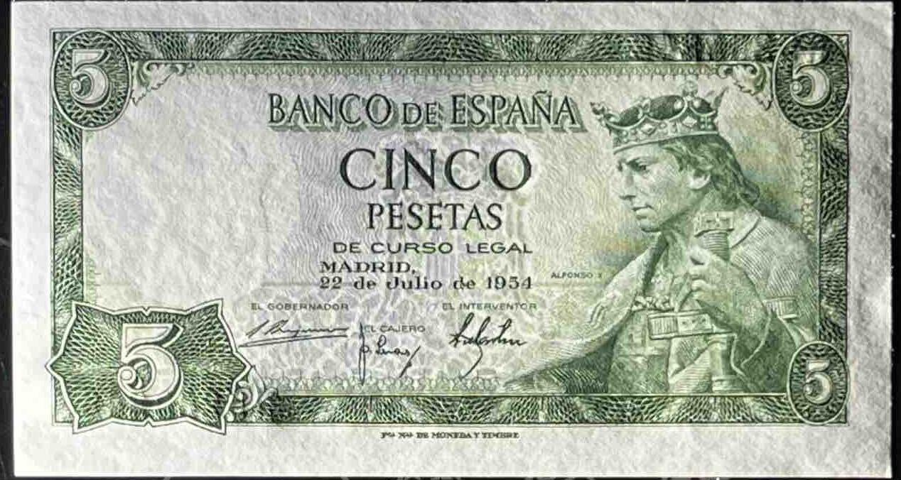 小福收藏拍卖第199期 裸钞场 本期有多张豹子号靓号 瑞士1000法郎 经典提香 毛里求斯首发年大全套 白俄罗斯5000000卢布 苏里南10000盾  爱沙尼亚  苏丹 西班牙 保加利亚 古巴等多国精美纸币 西班牙 1954年 5比塞塔 unc