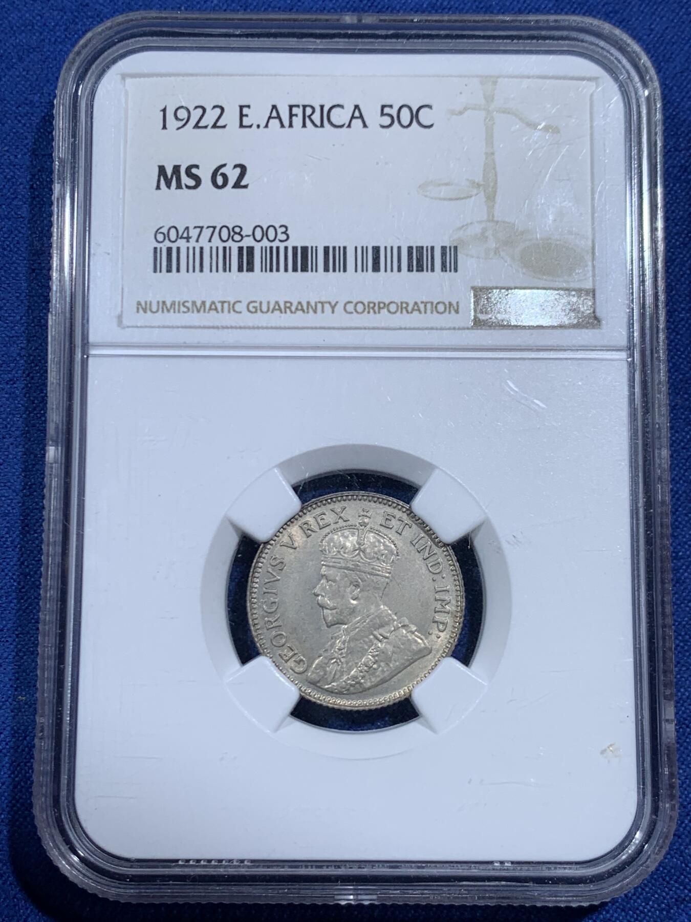 《竞宝斋》第461场 周日，周一，2场连拍 （全场包邮）欢迎送拍 NGC MS62 英属东非1922年50分银币 原光