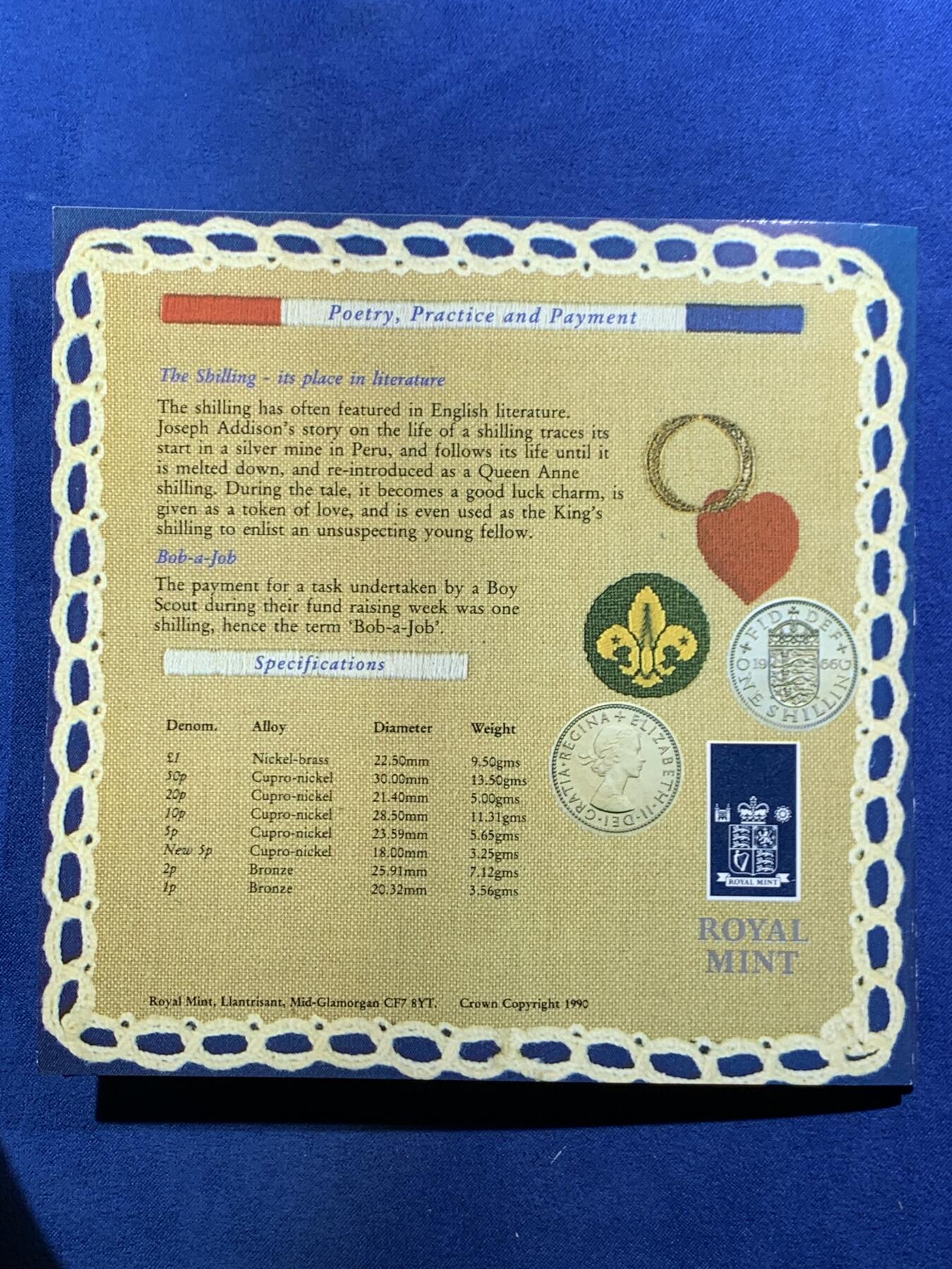 《竞宝斋》第461场 周日，周一，2场连拍 （全场包邮）欢迎送拍 英国1990年精制套币，带1枚1英镑威尔士韭葱精制纪念币，8枚币，册证齐全，品相精美，细节见图