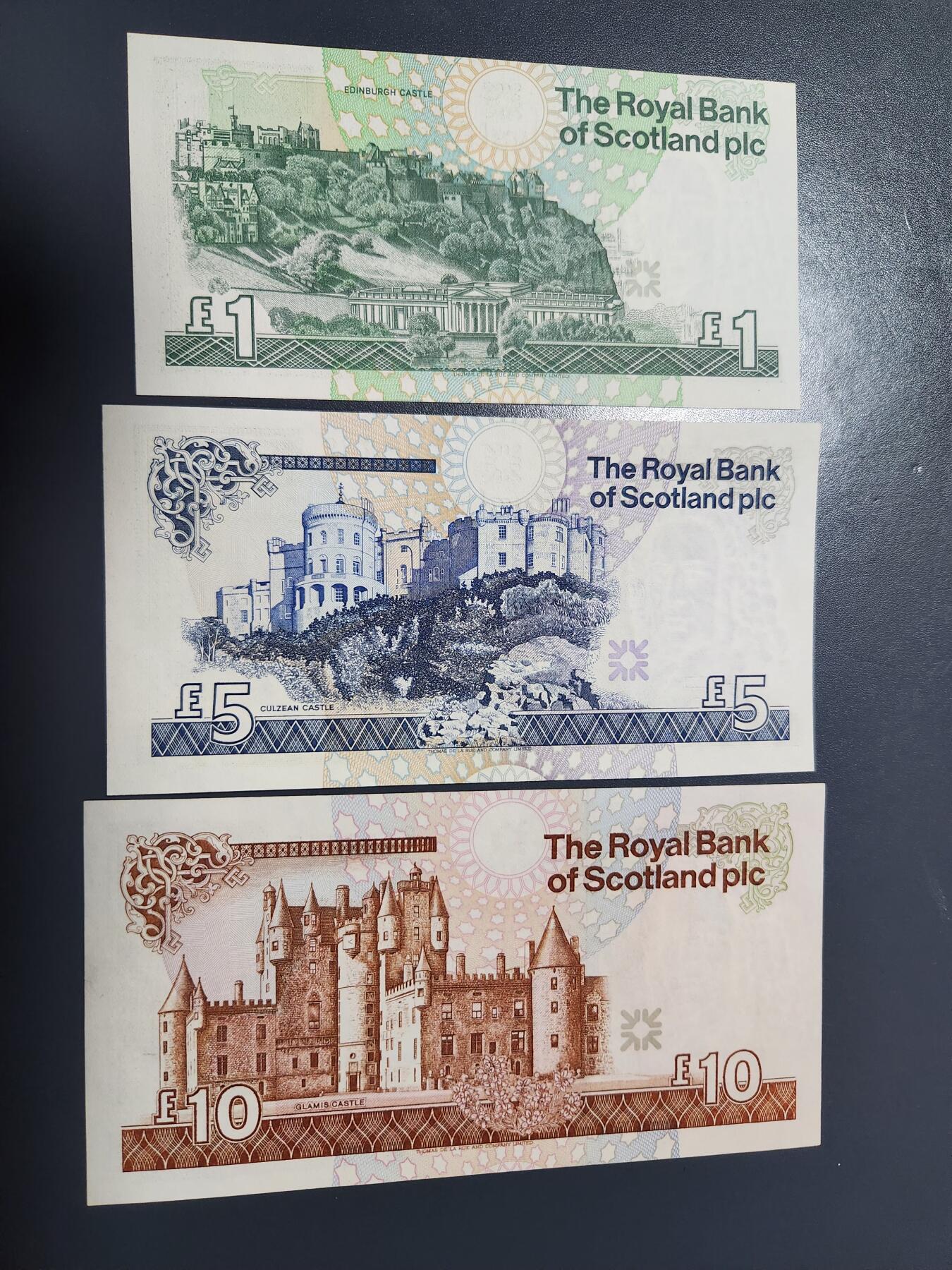 1月25号晚上8点 外国纸币自动截拍第13场 1990-1994年 早期 苏格兰 早期 1-5-10元 几乎全新一套