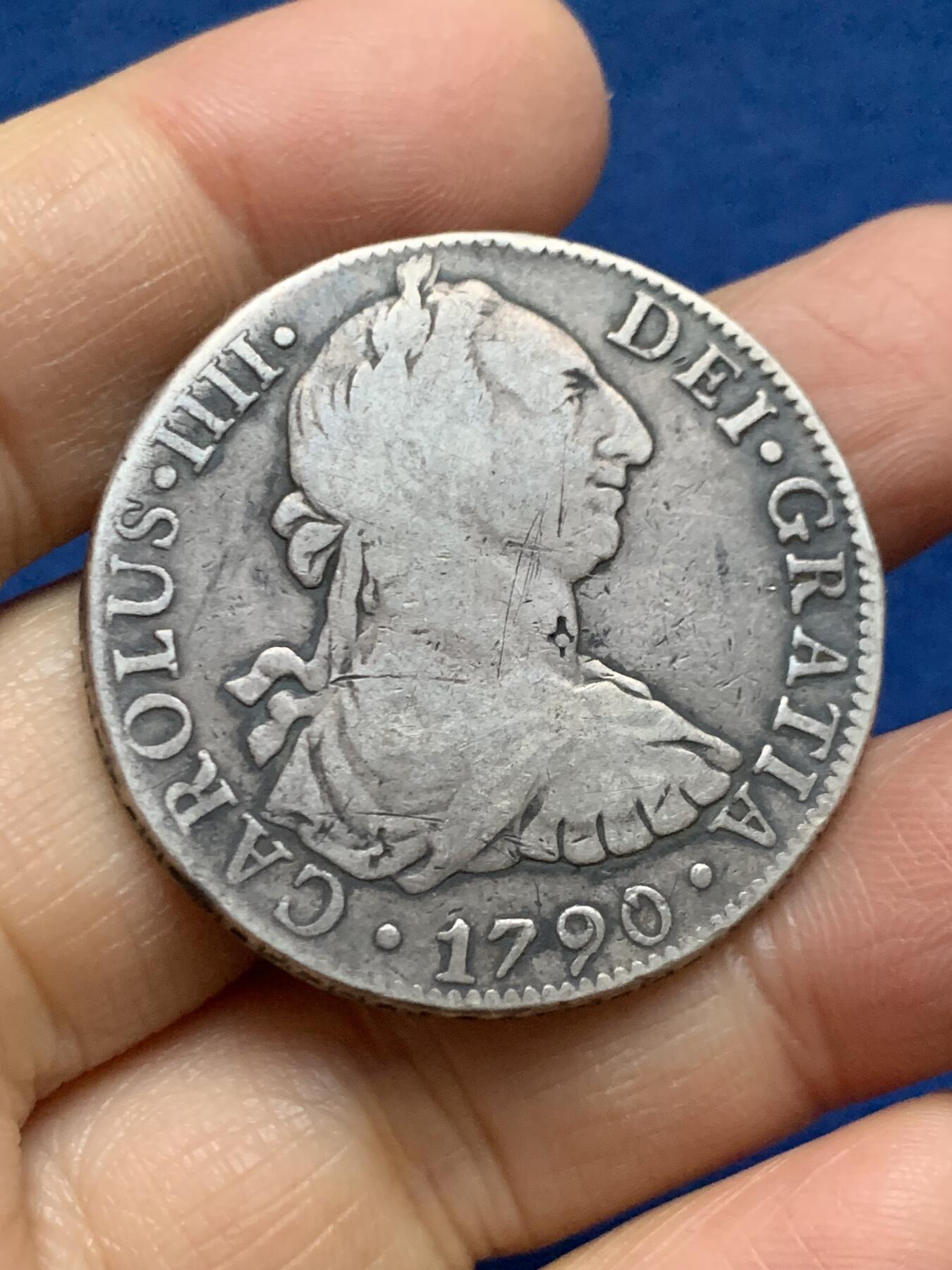 《竞宝斋》第461场 周日，周一，2场连拍 （全场包邮）欢迎送拍 墨西哥1790年卡洛斯四世过渡版8里亚尔银币，卡三头像配卡四文字