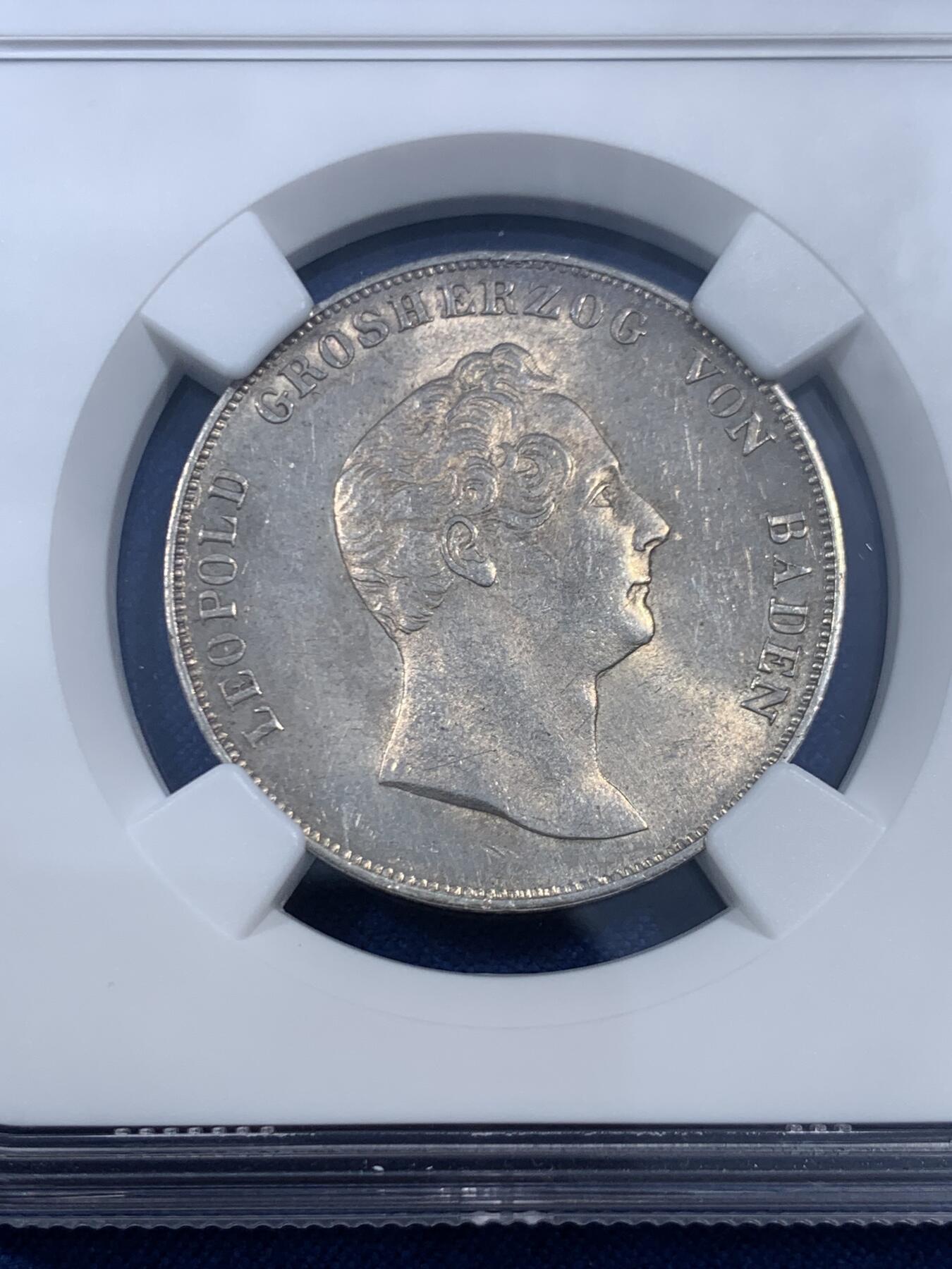 《竞宝斋》第461场 周日，周一，2场连拍 （全场包邮）欢迎送拍 NGC UNCD 德国巴登1838利奥波德一盾银币，光度状态都很不错，可以尝试重评