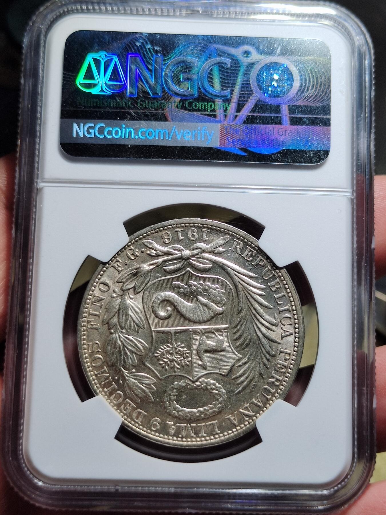 中外钱币第七场 NGC-MS62秘鲁1916年FG版高银1比索