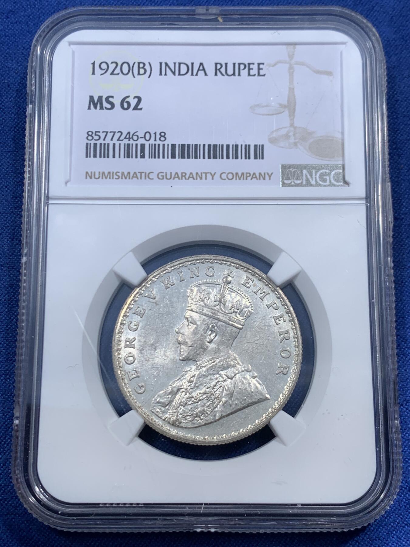 《竞宝斋》第461场 周日，周一，2场连拍 （全场包邮）欢迎送拍 NGC MS62 英属印度1920年1卢比银币 乔治五世头像