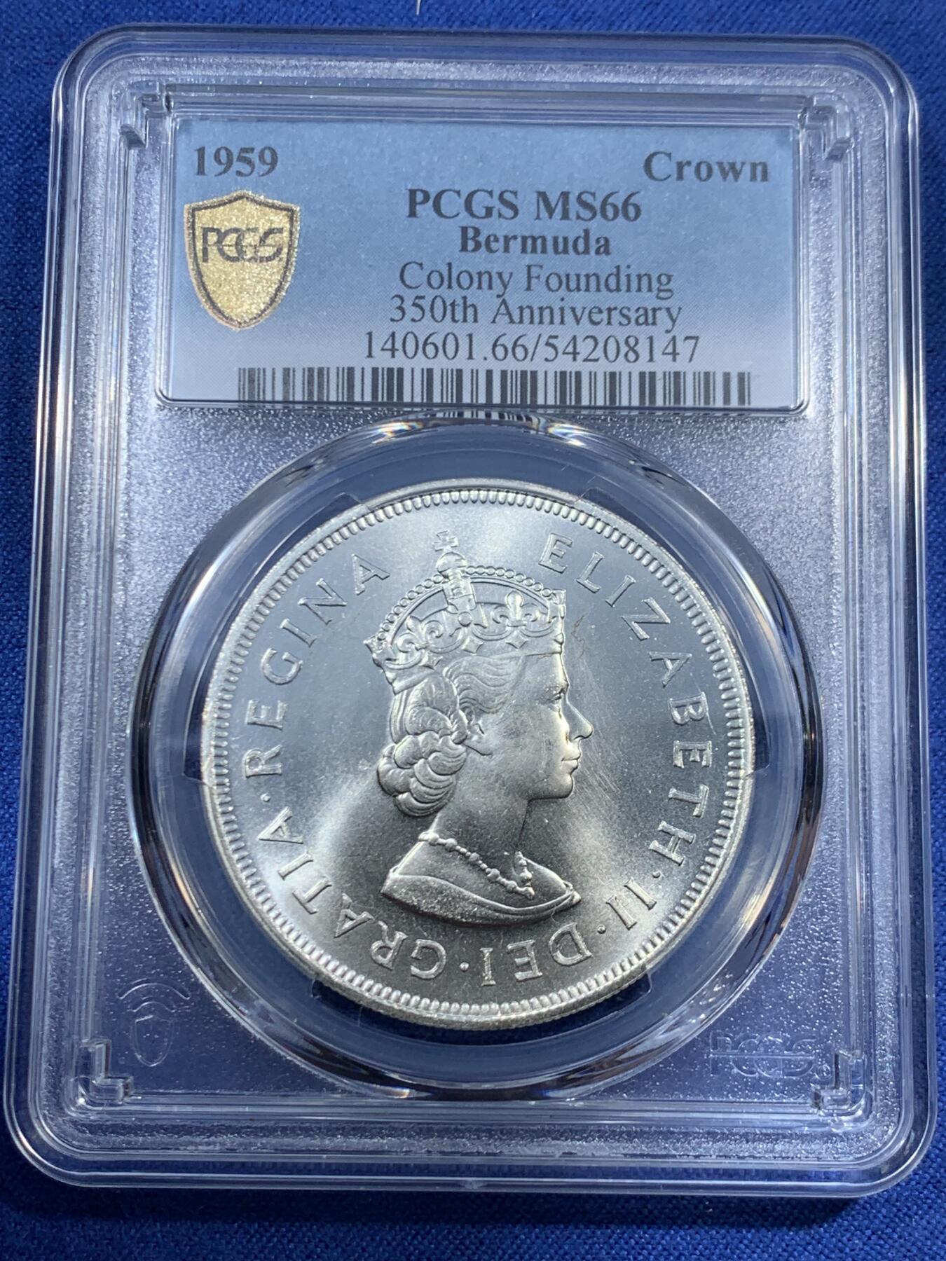 《竞宝斋》第461场 周日，周一，2场连拍 （全场包邮）欢迎送拍 PCGS MS66 英属百慕大1959年伊丽莎白二世1克朗大银币