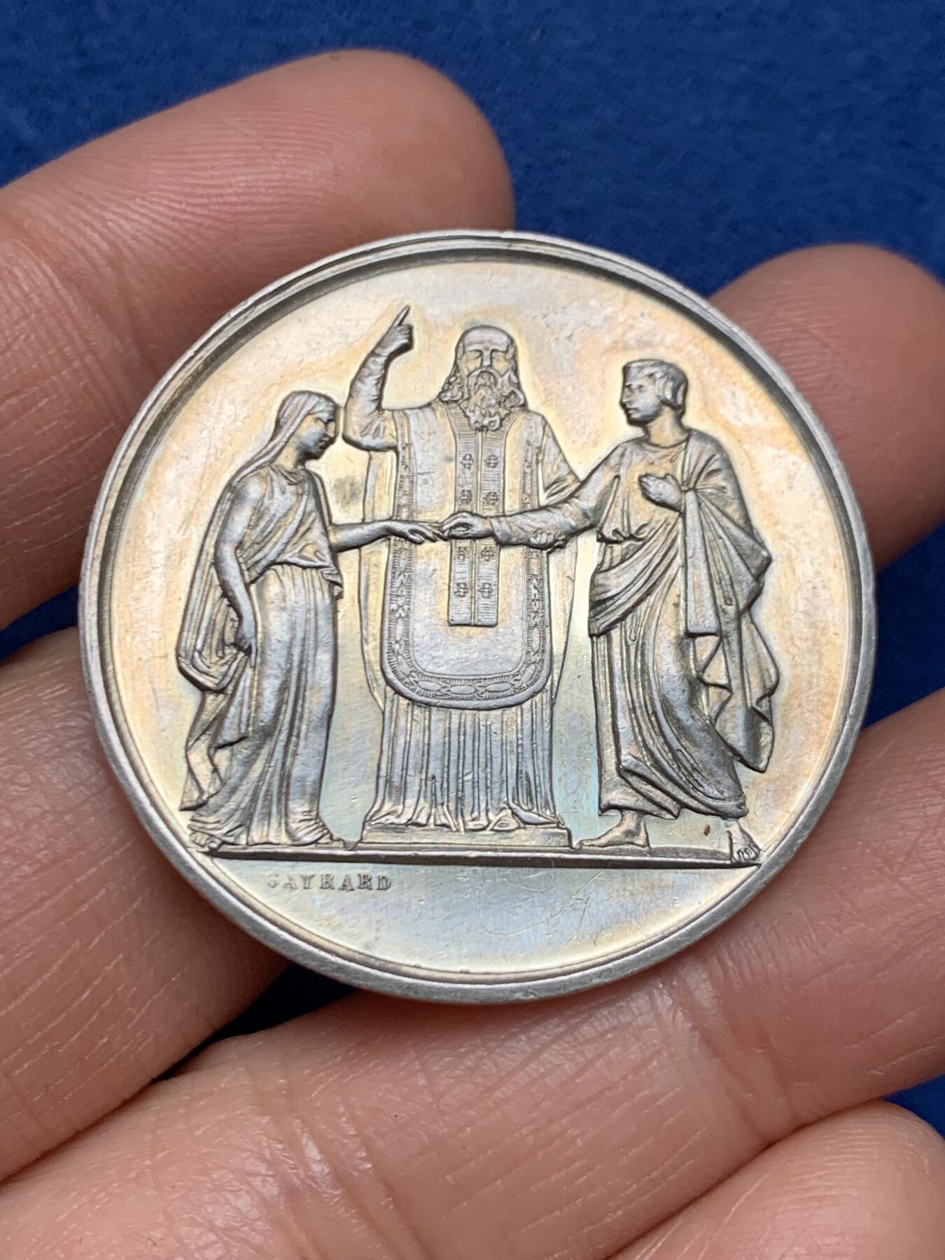 《竞宝斋》第461场 周日，周一，2场连拍 （全场包邮）欢迎送拍 法国1895年结婚纪念银章，结婚信息在边铭，丰饶角AR，36.5mm，21.7克