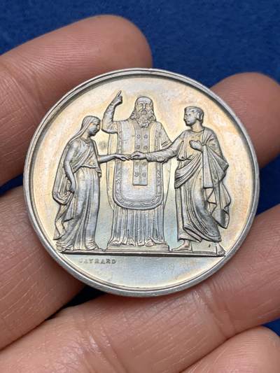 《竞宝斋》第461场 周日，周一，2场连拍 （全场包邮）欢迎送拍 - 法国1895年结婚纪念银章，结婚信息在边铭，丰饶角AR，36.5mm，21.7克