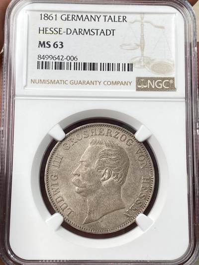 万国钱币拍卖第059期 - NGC MS63 1861德国黑森达姆施塔特双狮纹章流通泰勒 欧陆淡彩 打制极佳 状态难得的一枚小邦泰勒