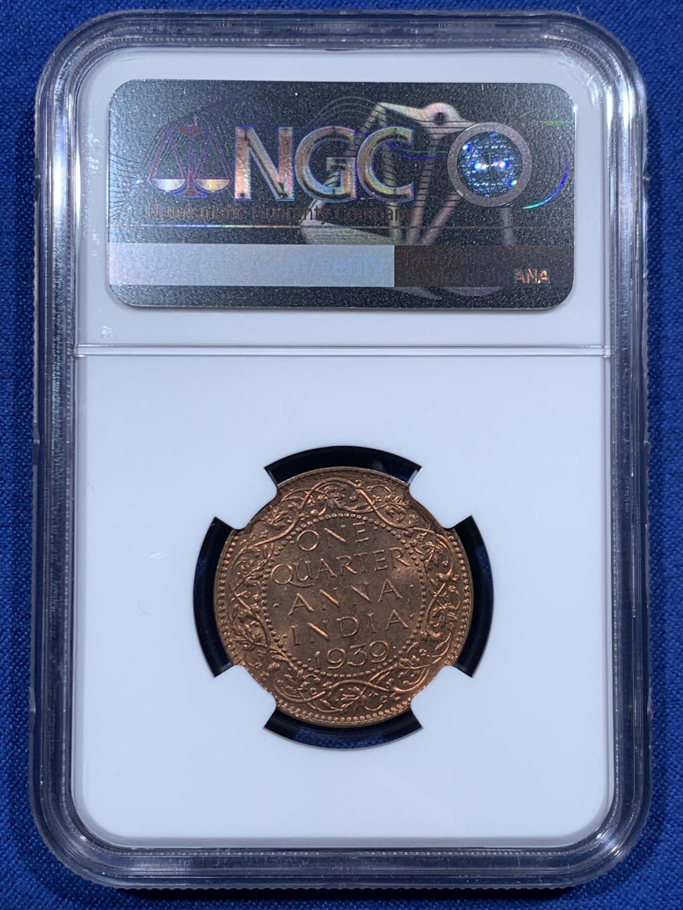 《竞宝斋》第461场 周日，周一，2场连拍 （全场包邮）欢迎送拍 NGC MS64RB 英属印度1939年B版1/4安娜铜币