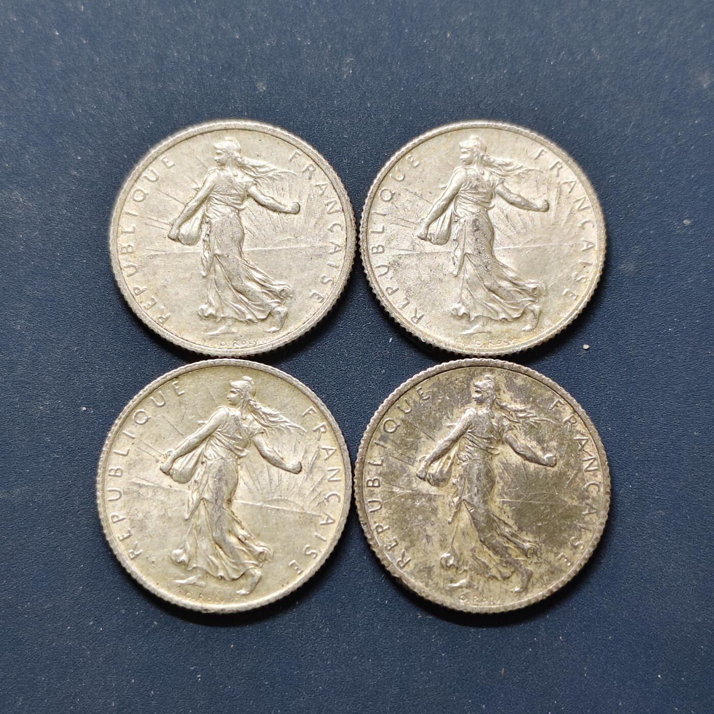 【全场包邮】纯粹捡漏拍499场-持续更新中 法国1914-1919年不同年份1法郎银币4枚一组【23毫米5克83.5%X4枚，纯银价约467元（按28元银价估算）】