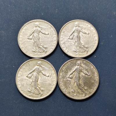 【全场包邮】纯粹捡漏拍499场-持续更新中 - 法国1914-1919年不同年份1法郎银币4枚一组【23毫米5克83.5%X4枚，纯银价约467元（按28元银价估算）】