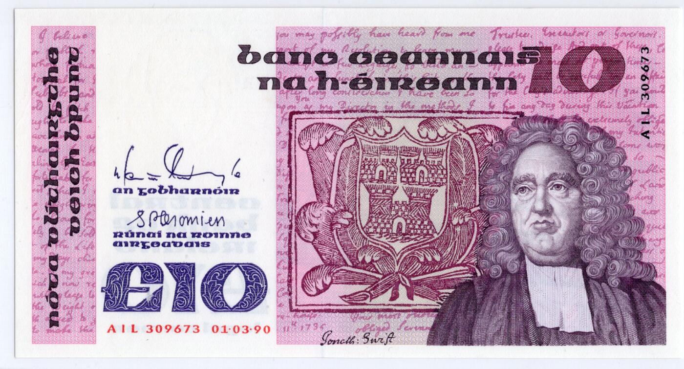 徐霞客拍卖首拍 爱尔兰 P-72c 1990年10镑 AIL309673	unc- 有黄		发行于20世纪90年代初期，是当时流通的法定货币。它融合了本土语言与历史人物肖像的设计，以17世纪学者为票面主体，兼具文化纪念与货币流通功能，见证了本土货币体系的延续与发展，是研究该地区金融文化与历史传承的实物佐证。其收藏价值源于存世量稀少