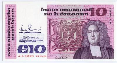 徐霞客拍卖首拍 - 爱尔兰 P-72c 1990年10镑 AIL309673	unc- 有黄		发行于20世纪90年代初期，是当时流通的法定货币。它融合了本土语言与历史人物肖像的设计，以17世纪学者为票面主体，兼具文化纪念与货币流通功能，见证了本土货币体系的延续与发展，是研究该地区金融文化与历史传承的实物佐证。其收藏价值源于存世量稀少