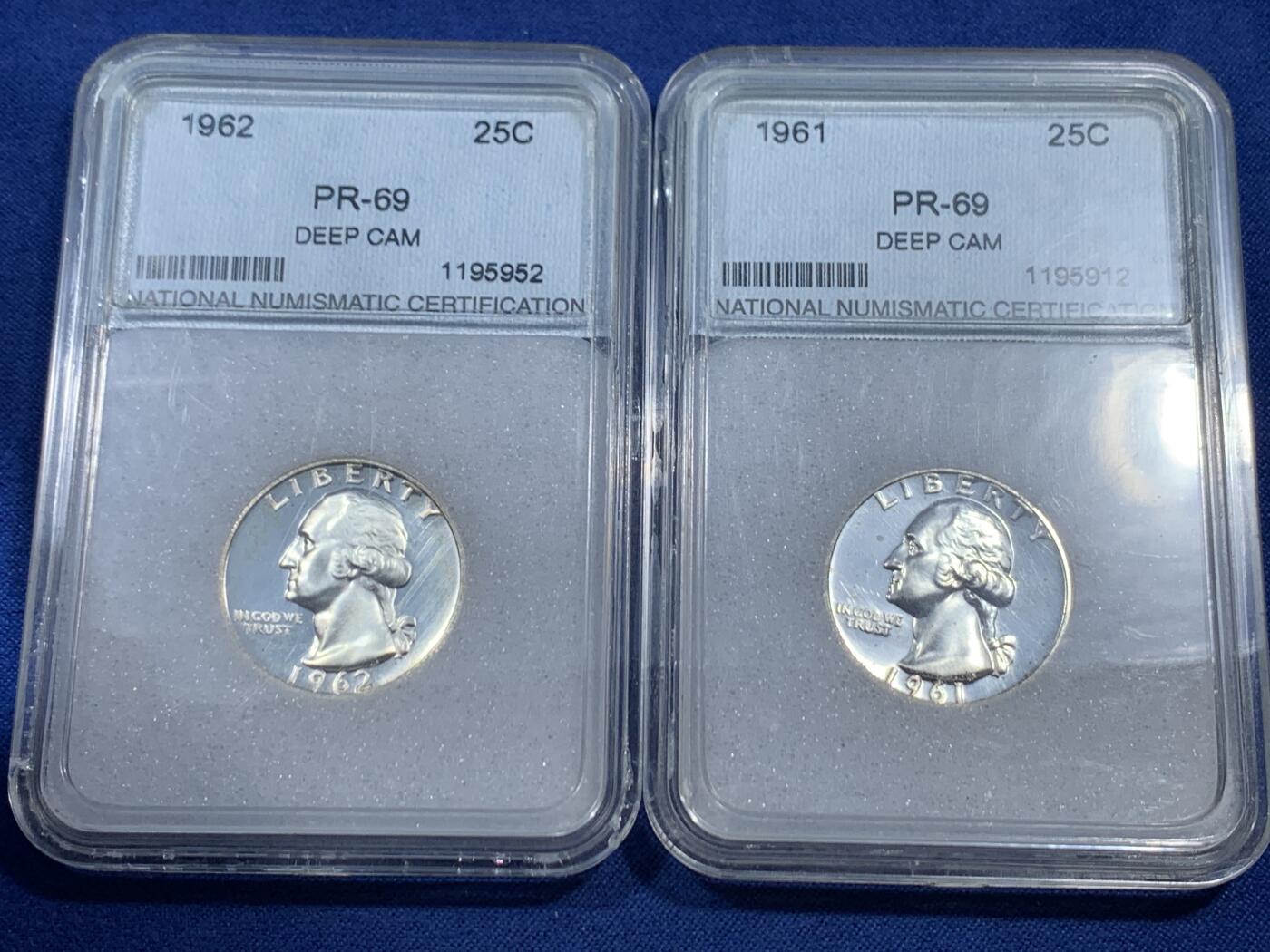 《竞宝斋》第461场 周日，周一，2场连拍 （全场包邮）欢迎送拍 两枚一组 NNC PR69 美国1961年/1962年华盛顿25美分银币 精致版本少见 900银 高分