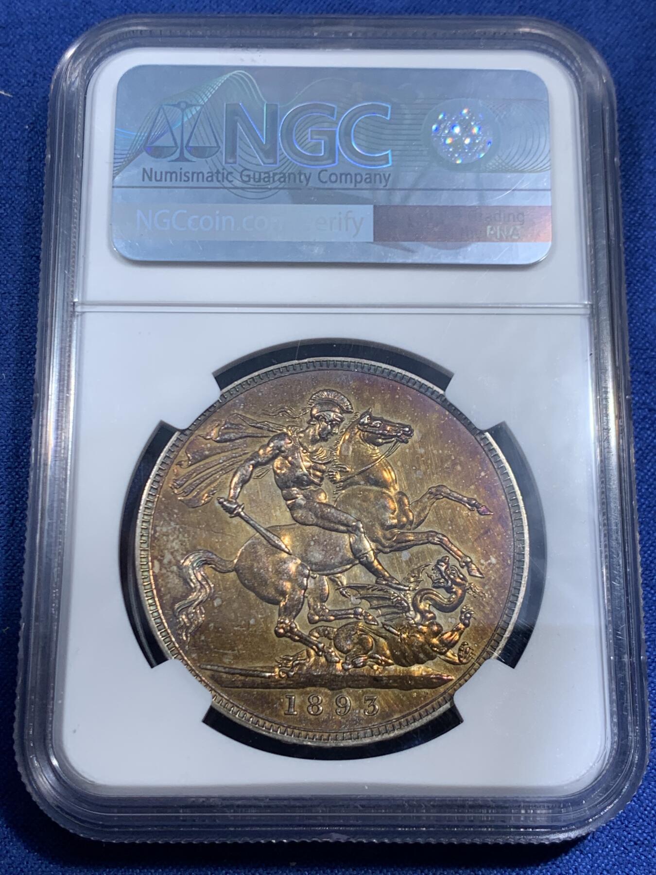 《竞宝斋》第461场 周日，周一，2场连拍 （全场包邮）欢迎送拍 NGC PROOF DETAILS 英国1893年维多利亚披纱马剑银币 精制版本极少