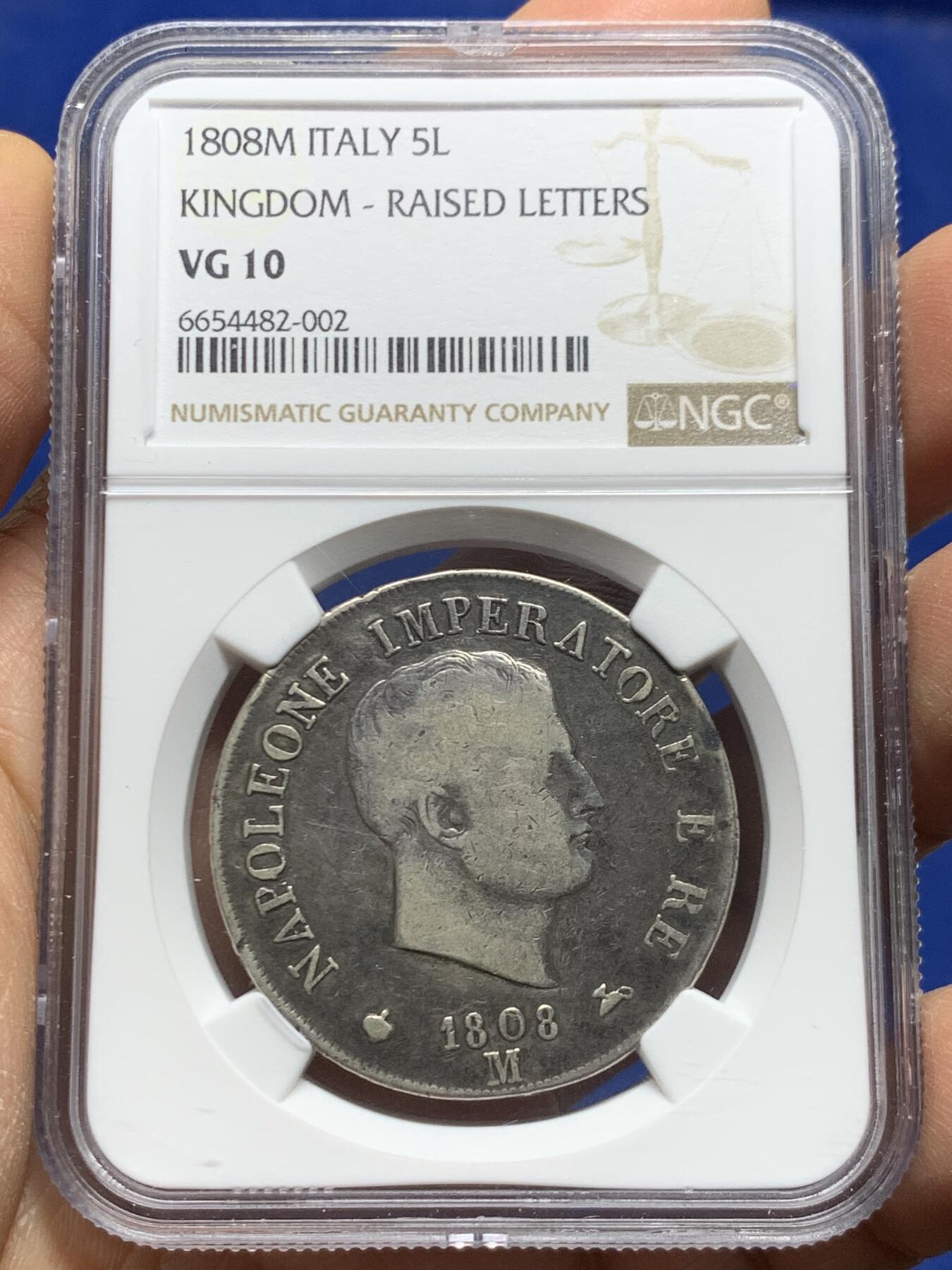 《竞宝斋》第461场 周日，周一，2场连拍 （全场包邮）欢迎送拍 NGC VG10 法属意大利 1808年 拿破仑5里拉银币 深色包浆原味状态