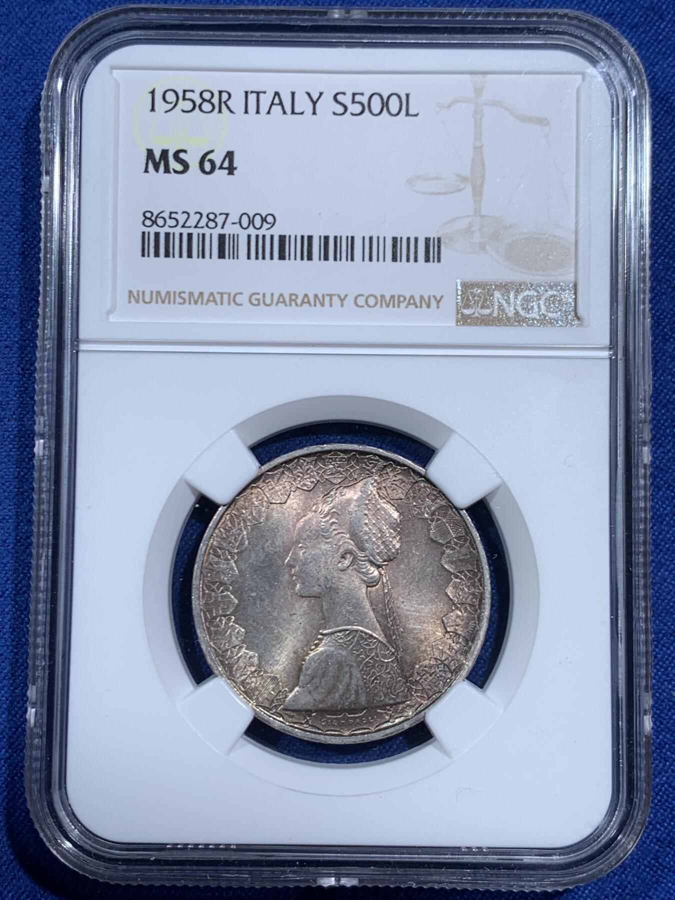 《竞宝斋》第461场 周日，周一，2场连拍 （全场包邮）欢迎送拍 NGC MS64 意大利1958年500里拉银币，该版500里拉首年份，经典人妻帆船设计，代表事业与爱情，双面深彩包浆