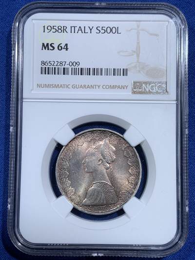 《竞宝斋》第461场 周日，周一，2场连拍 （全场包邮）欢迎送拍 - NGC MS64 意大利1958年500里拉银币，该版500里拉首年份，经典人妻帆船设计，代表事业与爱情，双面深彩包浆