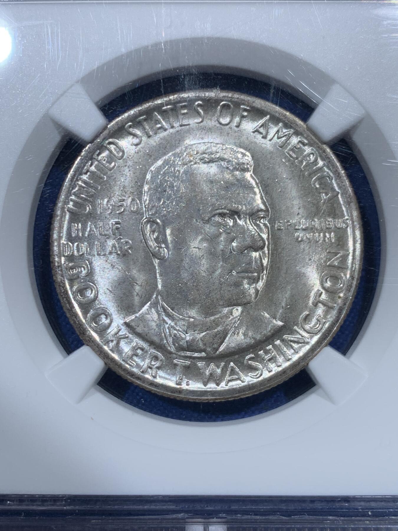 《竞宝斋》第461场 周日，周一，2场连拍 （全场包邮）欢迎送拍 NGC MS65 美国1950年布克华盛顿头像50美分纪念银币