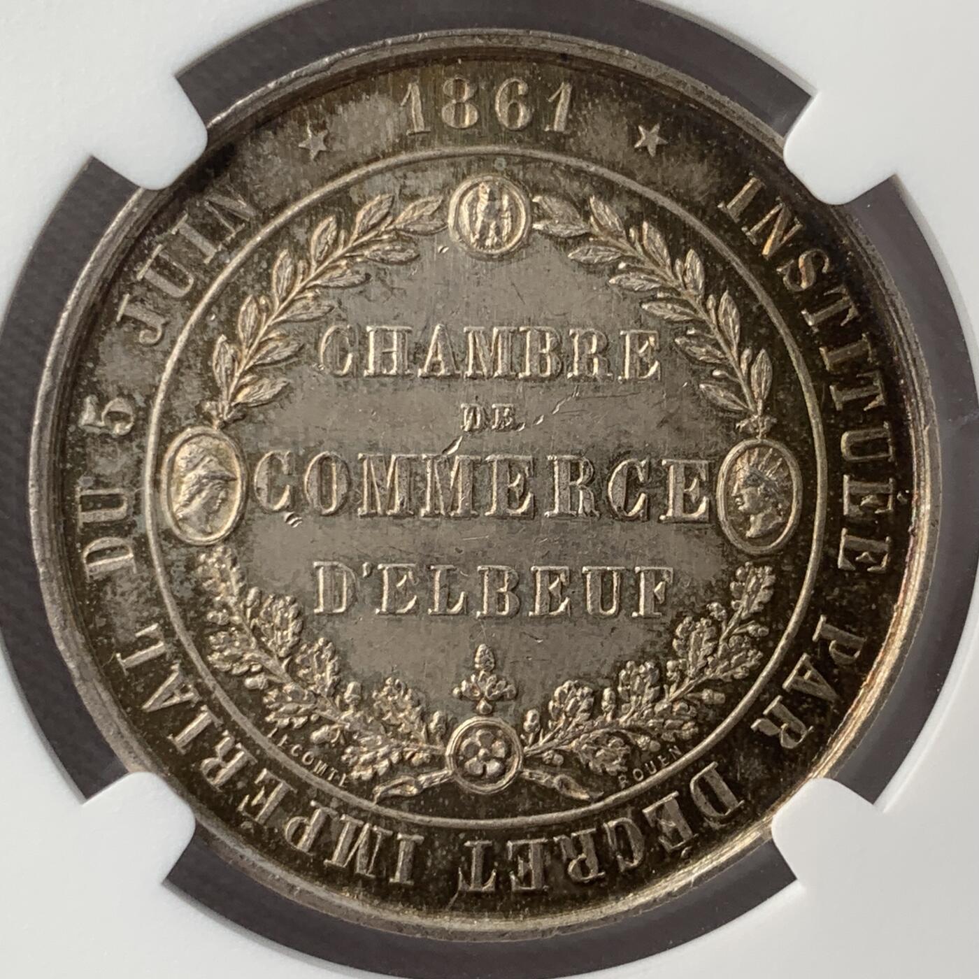 掌中浮雕-藏着的欧洲第051场 NGC MS64 ：1861年法国埃尔伯夫商会银章，33mm