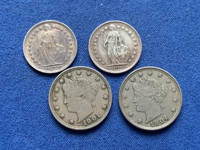 《竞宝斋》第462场 周日，周一，2场连拍 （全场包邮）欢迎送拍 - 四枚一组 瑞士半法郎银币2个+美国5美分镍币2个