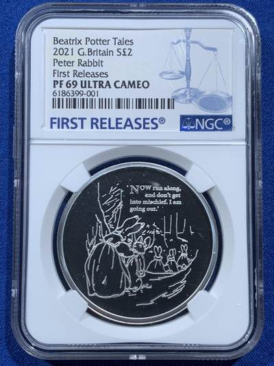 《竞宝斋》第462场 周日，周一，2场连拍 （全场包邮）欢迎送拍 - NGC PF69 英国2021年彼得兔2英镑纯银银币 1盎司