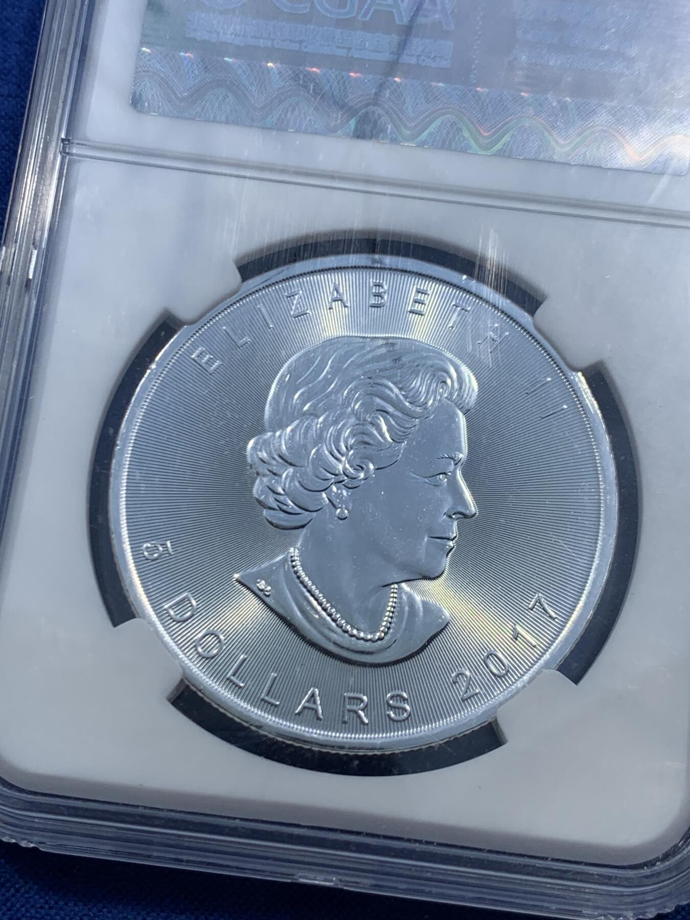 《竞宝斋》第462场 周日，周一，2场连拍 （全场包邮）欢迎送拍 加拿大2017年枫叶银币 品相极好 1盎司 31.1g 999银