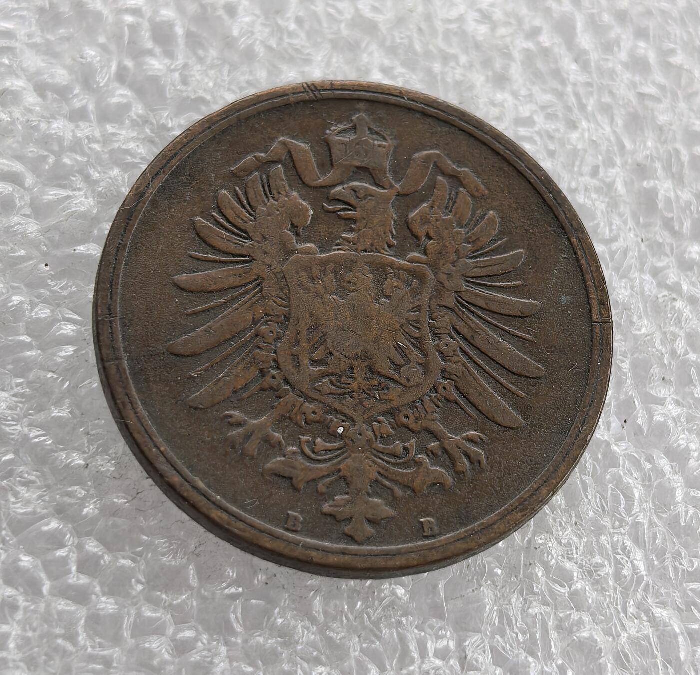 外国优质老铜币高银银币，周六九点倒数截拍，满百包邮，持续收拍 德国1874年2芬尼B版，正面铸 “DEUTSCHES REICH”、面值与年份，背面为带皇冠的德意志帝国鹰（B 版造币厂）。属德意志第二帝国初期，是 1871 年德国统一后推行统一币制、彰显帝国权威的流通辅币见证。