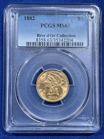 《竞宝斋》第462场 周日，周一，2场连拍 （全场包邮）欢迎送拍 - PCGS MS63 美国1882年自由女神（皇冠头）5美元金币 900金 8.359克 盒子背面支撑有磕 细节见图