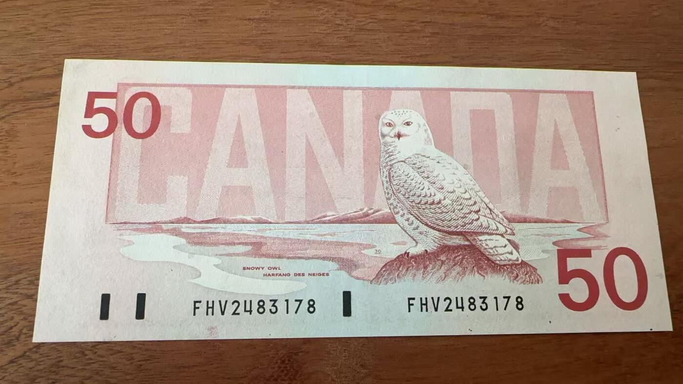 徐霞客拍卖首拍 加拿大	P-98c 1988年50元	FHV2483178	UNC-	正面主像为加拿大前总理威廉·莱昂·麦肯齐右侧为渥太华国会大厦图案。采用红棕渐变套印与精细雕刻凹印工艺，是加拿大最后一批纯纸质流通纸币之一，后被聚合物材质纸币取代。作为“鸟系列”中的大面额品种，存世量少。		